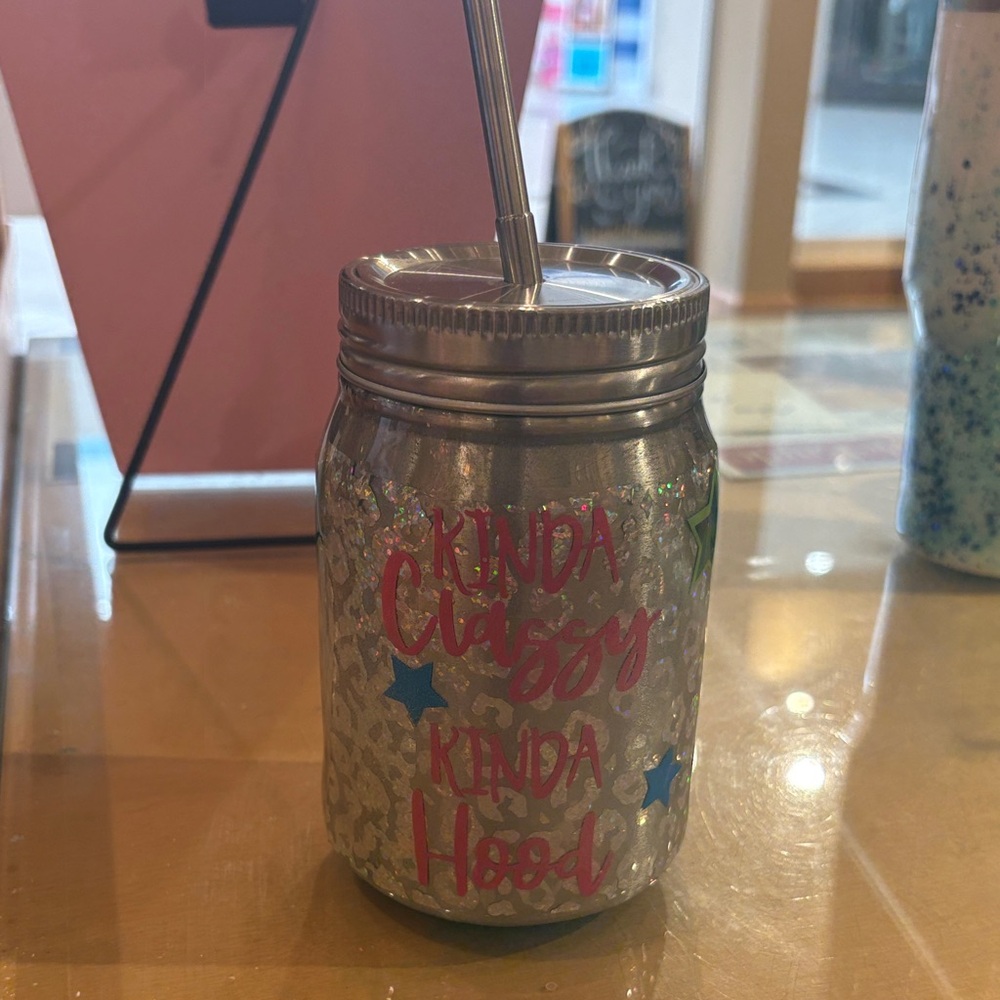 Silver Glitter Mason Jar Tumbler with Straw
